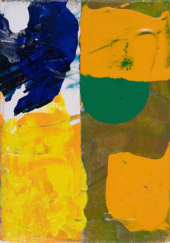 Indigo Hook is a small vertical axis abstract painting with yellow, gold, green, purple shapes painted by Scott McKinley Fine Artist in 2015.