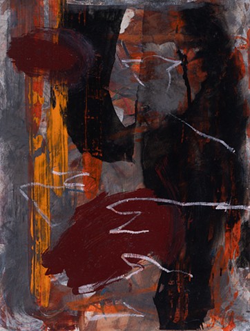 Light Touch - Hold is a gestural abstract painting of torso and arm figural elements reaching into a variable gray and orange ground with large black gestural marks painted by Scott McKinley Fine Art in 2012.