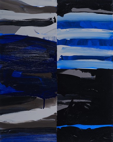 Closing Cycle is a vertical axis abstract painting with dark blue, gray and black shapes painted by Scott McKinley Fine Artist. in 2012.