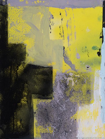 High Wall Channel is an abstract landscape painting of the walls and channel of a canal lock paintedin black, yellow, gray and light -blue shapes by Scott McKinley in 2019.