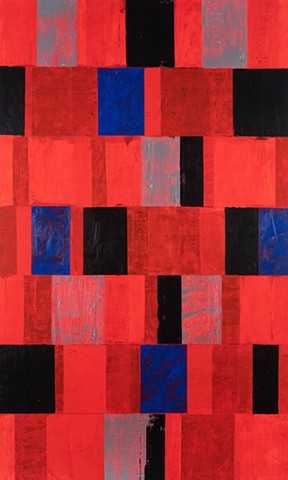 Ashen Open, large geometric abstraction, rectangular shapes repeated in rows, red, black, blue silver painted by Scott Mckinley Fine Artist in 2013.