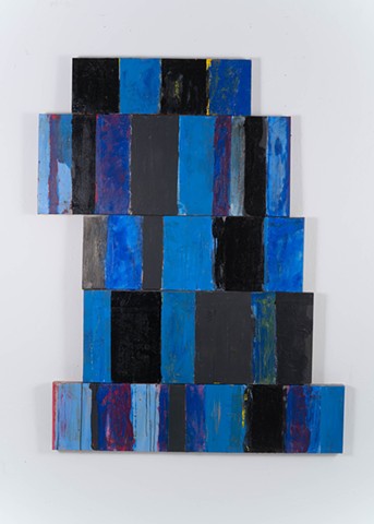 Warrant; large geometric abstraction; 5 vertically stacked panels; repeating irregular rectangular shapes; textured and smooth, gloss and flat surfaces; black, blue with red, yellow underpainting; painted by Scott McKinley Fine Artist in 2018.