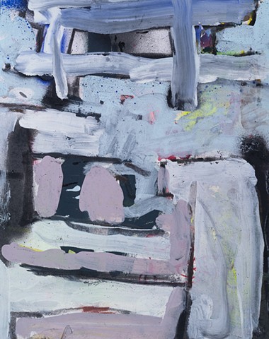 Soft Nights Approach And Cooler is a small vertical rectangular abstract landscape painting of steps up to porch at night in acrylic and latex paint with charcoal in colors pale blue, light gray, pale yellow green, black by Scott mckinley Fine Artist 2018