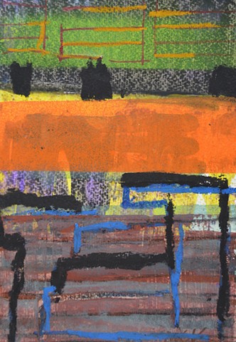 A Simple Place is a small abstract landscape painting in acrylic paint and oil pastel on watercolor paper in colors of orange, yellow, blue, browns and black by Scott McKinley Fine Artist in 2018.on watercolor pap