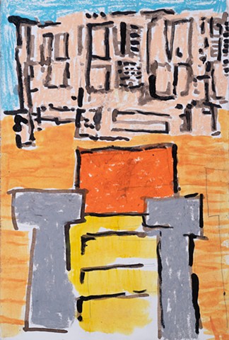 Bright Approach small is a small rectangular abstract landscape painting of a walkway up to a house in oil pastel, ink and watercolor with colors orange, yellow, light blue, beige, black by Scott McKinley Fine Artist 2018.