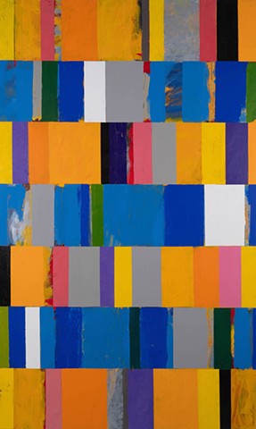 Easterly Open, large geometric abstraction, repeating rows of rectangular shapes, oranges, reds, pinks, grays, blues, violet, white, painted by Scott McKinley Fine Artist in 2013.