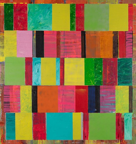 Had Legs; large geometric abstraction; vertically stacked rows of irregularly shaped rectangles; overall colored border; paint is brushed, poured, sprayed; textured and smooth areas; bright colors, transparent and opaque: green, red, yellow, pink, orange,