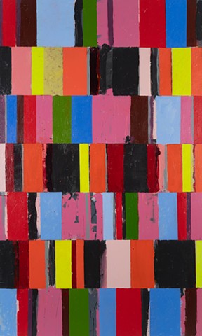 Pressure Open, large geometric abstraction, rows of repeating rectangular shapes, reds, yellows, blues, oranges, pinks, brown, black, painted by Scott McKinley Fine Artist in 2013.