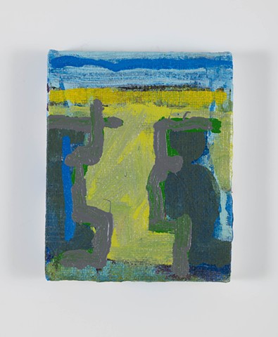 Mayaka Standing is an textured abstract painting of a figure on a levee withareas of deep gray, yellow-green, bright blue and pale blue painted by Scott McKinley Fine Artist in 2020. 
