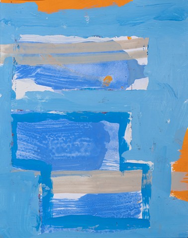 Blue Field Raft Channel is an abstract landscape with shape notations for a floating raft and a water channel paintined in colors light-blue, deep-blue, white, gray and orange by Scott McKinley Fine Artist in 2019.