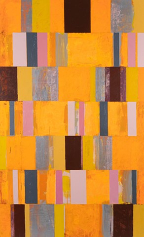 Darker Time Open, large geometric abstraction, repeating stacked rows of rectangular shapes; yellow, yellow -orange, orange, pinks, browns, sienna; textured and smooth; painted by Scott McKinley Fine Artist in 2013.