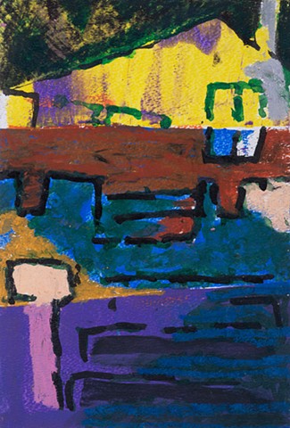 St. Francis Street Entrance is a 7" x 11" small abstract landscape painting of an approach to a yellow house painted in acrylic, oil pastel, ink on watercolor paper with colors of blue, violet, brown, yellow, green by Scott McKinley Fine Artist in 2018.