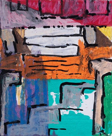 Red House Entrance is a small abstract landscape painting of front porch steps in acrylic, oil pastel and ink on paper with colors green, blue, orange, brown, red, pink, white by Scott Mckinley Fine Artist 2018.