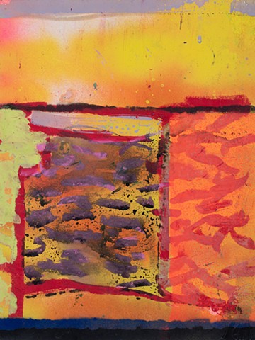 Levee Schematic a small, vertical rectangle gestural abstraction of landscape in bright colors of red, yellow, orange with pale gray by Scott McKinley Fine Artist 2019.