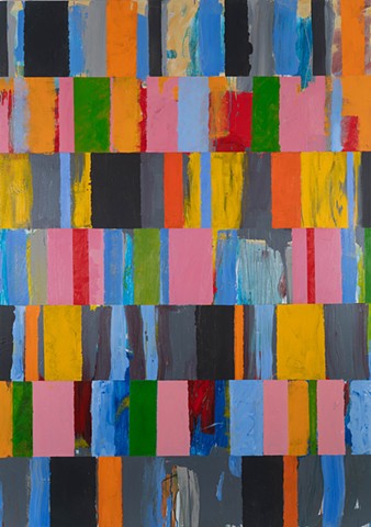 Scotter Open; large geometric abstraction; repeated rows of rectangular shapes; blues, yellows, oranges, grays, black; textured and smooth; painted by Scott McKinley Fine Artist in 2013.