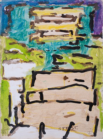 Memory Glow is a small rectangular abstract landscape painting of steps and a walkway to a house in watercolor, ink, crayon, glitter in color pale green, yellow, voilet dark brown, black by Scott McKinley Fine Artist in 2018.
