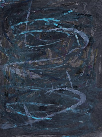 Alchemical Pools is an abstract gestural painting of two oval pool notations in colors of pale gray and pale blue above a ground of gestural marks in grays, blues, and blacks painted by Scott McKinley Fine Artist in 2010.