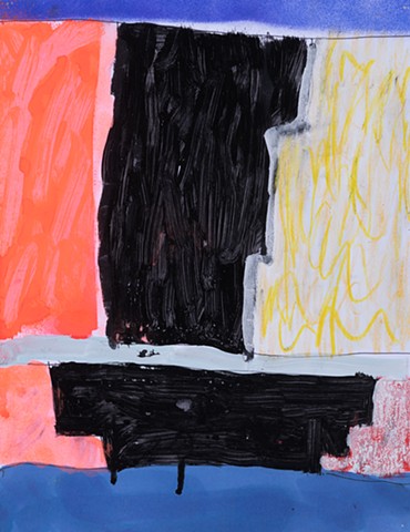 Black Damps is an abstract painting of two canal lock channels painted in watery blacks surrounded in color shapes in orange, yellow, pinks and blues painted by Scott McKinley Fine Artist in 2019.