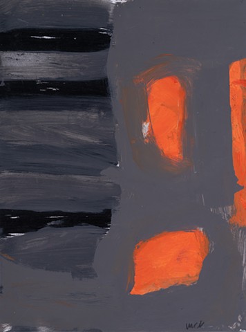 Step - Landscape Forms is an abstract landscape painting of vertical steps in gray and black on the right and on the left, a ground of deep grays surrounding three deep-orange forms painted by Scott McKinley Fine Artist in 2011.