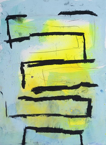 Memory Schematic is a small vertical rectangular abstract landscape painting of diagramatic steps in color field of pale blue, bright yellow with black in acrylic paint and charcoal by Scott McKinley Fine Artist 2018.
