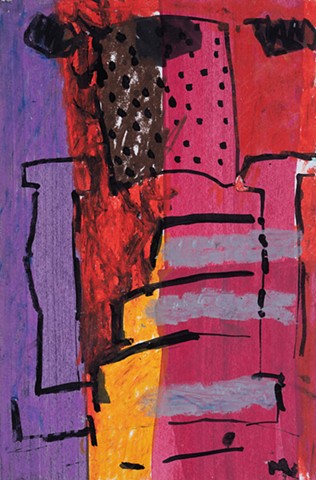 Red House Fantasy is a small rectangular abstract landscape painting of a house entry walkway in acrylic, oil pastel, ink with colors red, orange, violet, black on paper by Scott McKinley Fine Artist in 2018. 