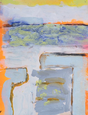Belle Glade, North a small vertical rectangular gestural abstraction of a landscape with steps leading to water painted in pale orange, pale blue and pale yellow by Scott McKinley Fine Artist 2019.
