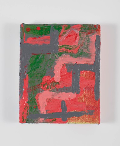 Gray Channeling And Piers is a textured abstract landscape painting with deep gray shapes and lines, pink-orange shapes, bright pink lines and green spatter marks painted by Scott McKinley Fine Artist in 2020.