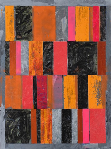 Allapattah Scatter; geometric abstraction; vertically stacked repeating rows of varying sized rectangular shape; grays, balcks, greens, pinks, oranges, silver, glitter all with a colored border ; painted by Scott Mckinley Fine Artist in 2017. 