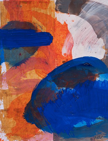 Blue Pool is a gestural abstract painting of landscape notations in background colors of orange, pink, brownand muted blue with bright -blue circular shape in the lower right quarter painted by Scott McKinley Fine Artist in 2012.