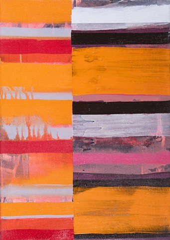 Warmer Dark is a 15" x 21" vertical axis acrylic and latex paint on canvas abstract painting in orange pink, red white, gray, black color by Scott McKinley Fine Artist in 2012..