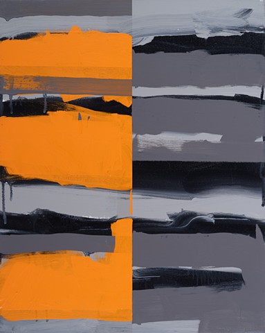 Early Dark is a vertical axis abstract painting in acrylic paint on canvas in colors of orange, grays, black by Scott Mckinley Fine Artist in 2012.