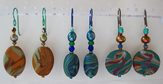 beaded earrings with handmade polymer clay feature beads Nancy Denmark