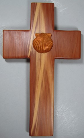 cedar cross with polymer clay shell symbol created by Nancy Denmark and Margaret Bailey
