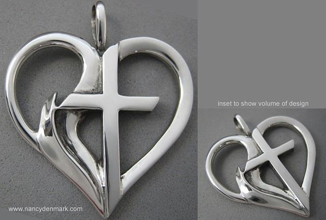 sterling silver heart pendant with cross & flame © Nancy Denmark