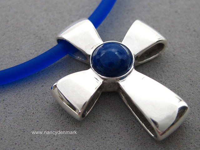 sterling silver ribbon cross with lapis cabochon © Nancy Denmark