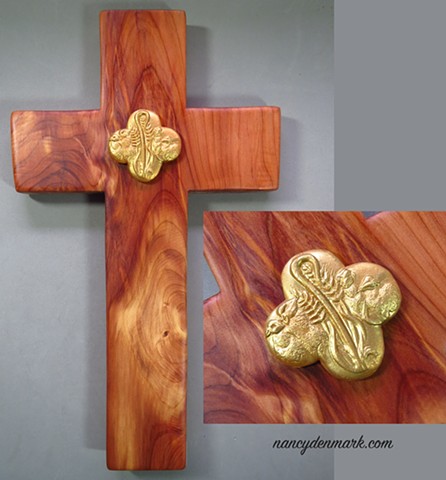 collaborative cedar cross by Margaret Bailey with Nancy Denmark's Feed My Sheep symbol
