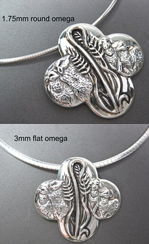 sterling silver omega chains shown with large pendant created by Nancy Denmark