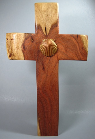 ONE LORD, ONE FAITH, ONE BAPTISM 
POLYMER CLAY SHELL ON MESQUITE 
CROSS FULL VIEW