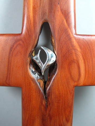 STERLING FILLED WITH THE SPIRIT
ON CEDAR CROSS 
CLOSE UP VIEW