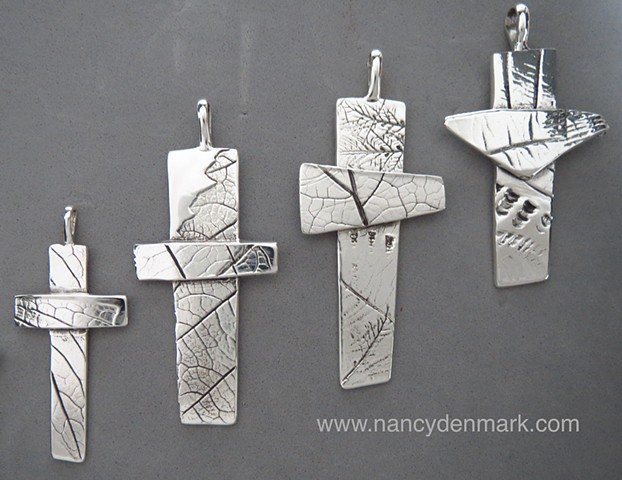 Impressions of Nature sterling silver crosses made by Nancy Denmark