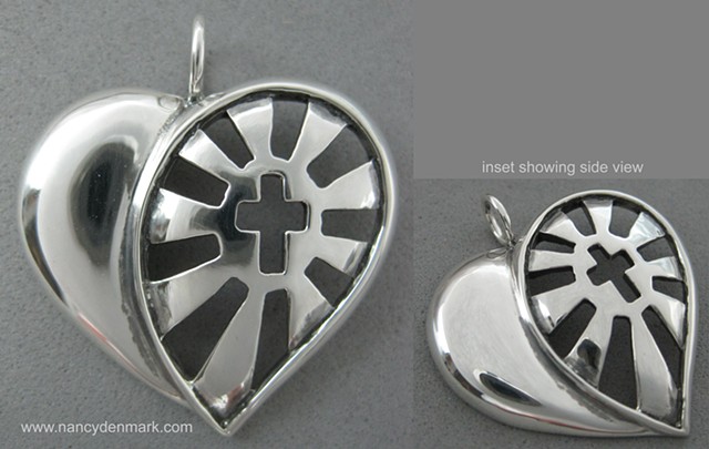 sterling silver sunburst cross in heart pendant symbolic jewelry © Nancy Denmark