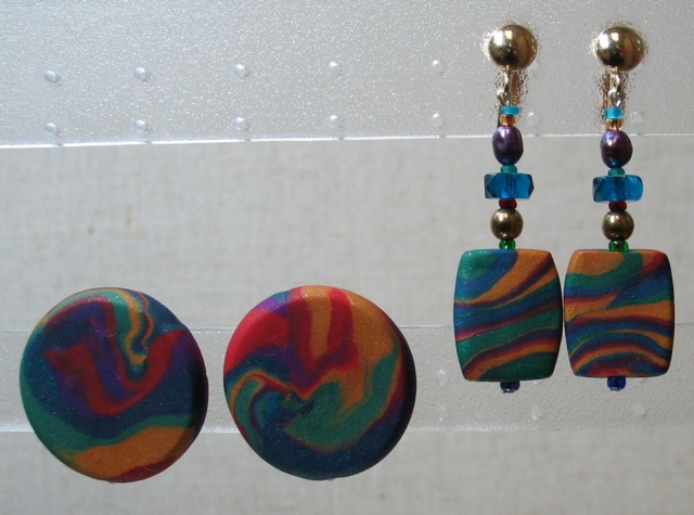 earclip dangles and earbobs made of polymer clay by Nancy Denmark