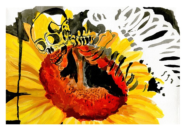 Ink painting of a skeleton with a sunflower by Katlynne Hummell Underhill
