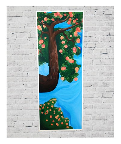 Commissioned painting of a peach tree on a sliding wooden door by Katlynne Hummell Underhill