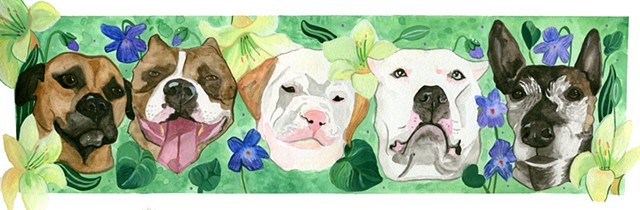 Commissioned pet portrait of a puggle, bulldog, boxer. Watercolor and gouache on paper, by Katlynne Hummell Underhill.