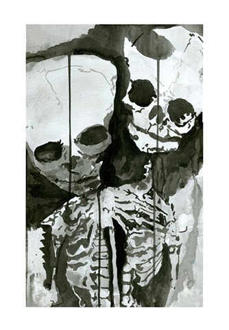 Ink painting of conjoined twins skeleton by Katlynne Hummell Underhill