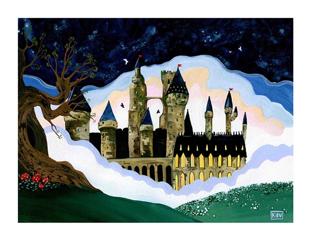 Gouache painting of Hogwarts by Katlynne Hummell Underhill. Katlynne Hummell. Katlynne Underhill. Gouache painting of Hogwarts. Painting of Hogwarts. Harry Potter art. Harry Potter fan art. Iowa artist. Fantasy art. 