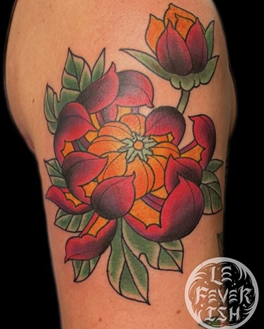 Red Chrysanthemum by Jordan LeFever, Morningstar Tattoo, Belmont, Bay Area, California