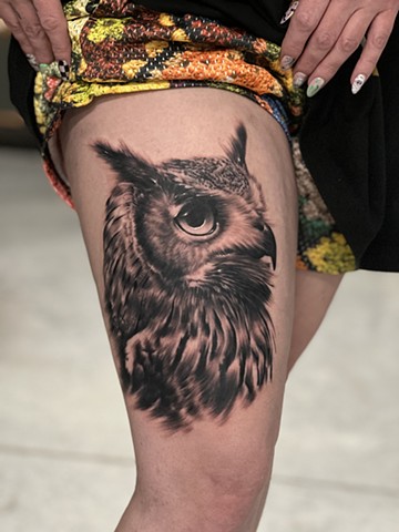 Horned Owl Tattoo by Michael Ascarie, Morningstar Tattoo, Belmont, Bay Area, California