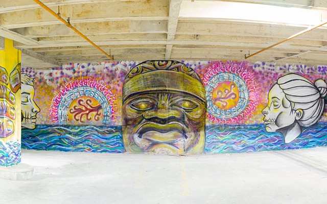 Olmec head, collaboration, stencil, seascape mystic image. Art mural.